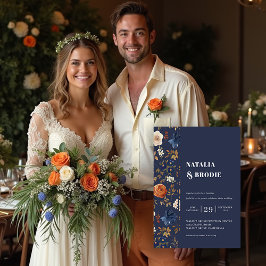 Bohemian Pawarded Flowers Navy Blue Rust Bröllop Inbjudningar