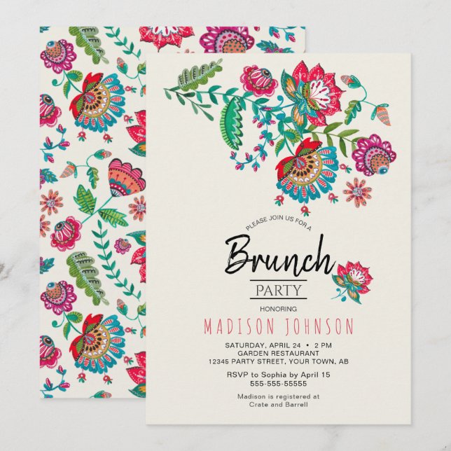 Bohemian Red Folk Flowers Brunch Party-inbjudan Inbjudningar (Fram/baksida)