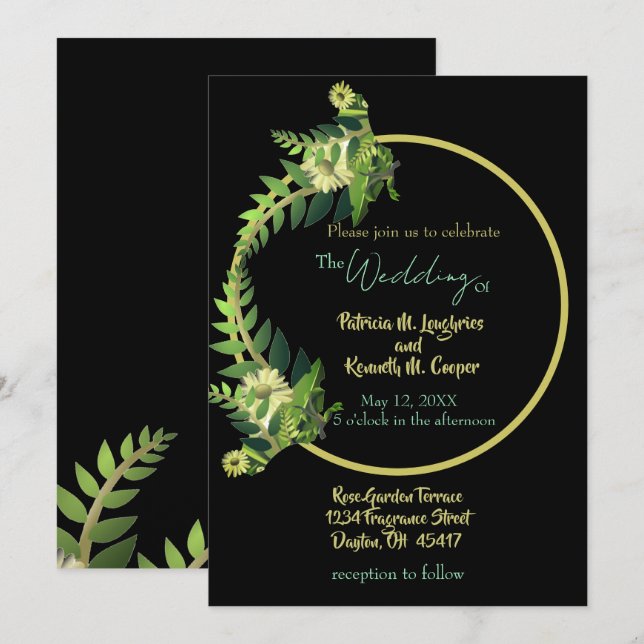 Bohemian Ring Greenery Black Bröllop Inbjudningar (Fram/baksida)