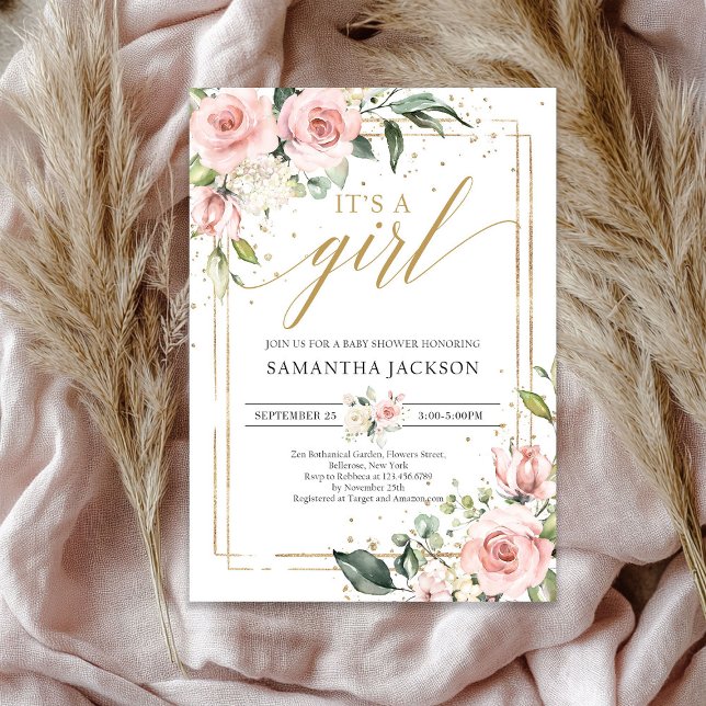Bohemian  rosa blommigt guld, det är en flicka bab inbjudningar (Bohemian blush pink floral gold it's a girl baby invitation)