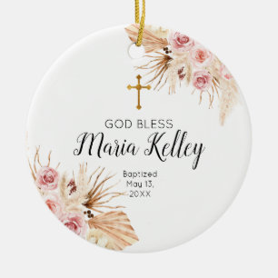 Bohemian Rosa Blommigt Personlig Girl Baptism Julgransprydnad Keramik