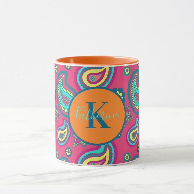Bohemian Rosa Paisley Mönster Custom Name Monogram Mugg (Center)