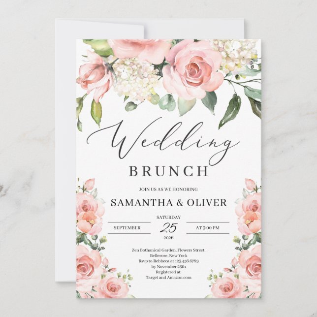 Bohemian  rosa Peach blommigt bröllop brunch Inbjudningar (Framsida)