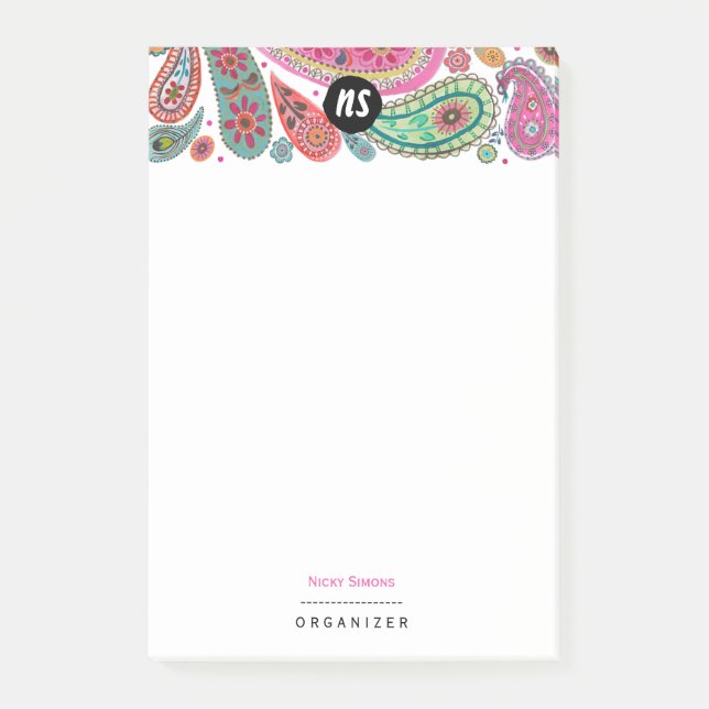 Bohemian Rosa & turkos Blommigt Paisley Post-it Block (Framsida)