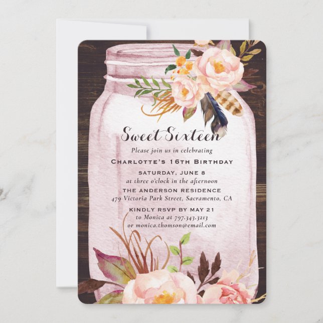 Bohemian Rustic Mason Burk Rosa Sweet 16 Birthday Inbjudningar (Framsida)