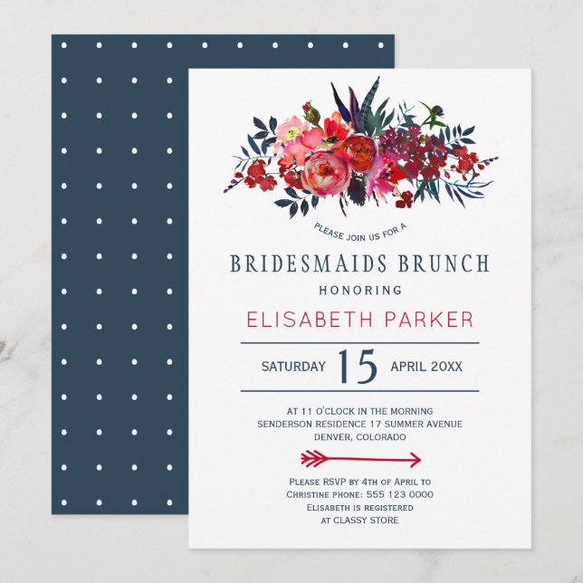 Bohemian Rustic Red Navy blommigt bridesmaids brun Inbjudningar (Fram/baksida)