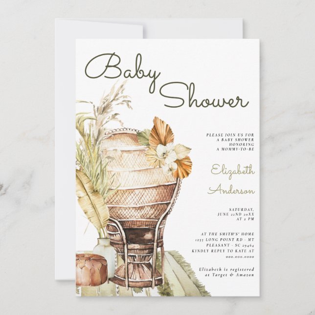 Bohemian Safari Grönt Pampas Boho Baby Shower Inbjudningar (Framsida)