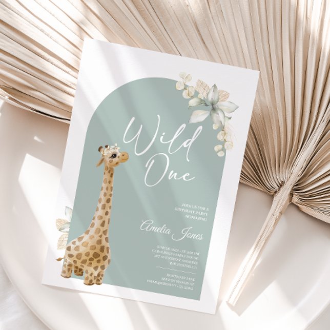 Bohemian Sage Grönt Giraffe Vild En födelsedag Inbjudningar (Skapare uppladdad)