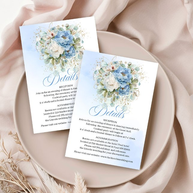 Bohemian Sky Blue White Peonies Rustic Wedding  Tilläggskort (Boho Navy Blue White Peonies Wedding Details Card Gold)