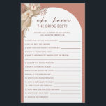 Bohemian som känner till bruden bästa möhippan flygblad<br><div class="desc">Designad att samordna med vår Boho Terracotta Pampas Grass Collection, denna bohemiske stil som känner till det brista bästa spelet i möhippa har trendiget och den populära bågen i terracotta hues. Om du vill göra en mer avancerad anpassning av den här designen, t.ex. ändra layout, teckensnitt eller storlek text, klickar...</div>