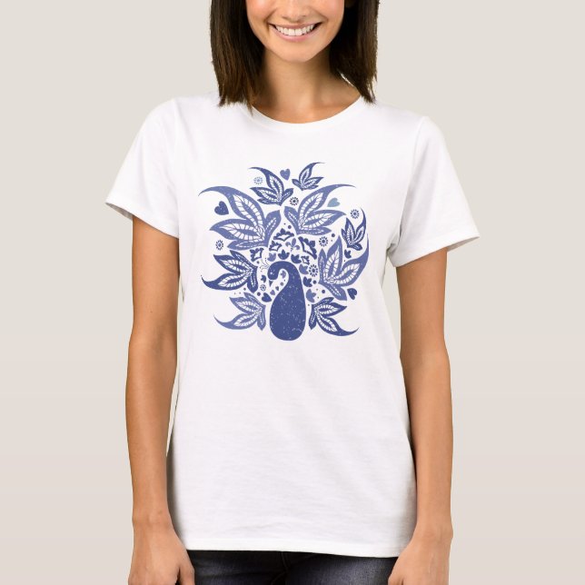 Bohemian Stil Blue Peacock Art Skriv ut T Shirt (Framsida)