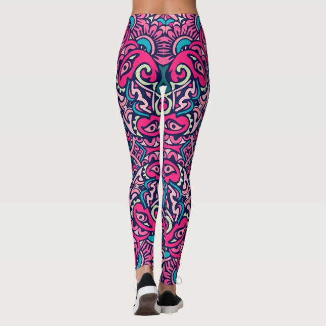 Bohemian Stil Bright Rosa och Blue Leggings (Baksida)