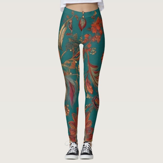 Bohemian Stil Emerald & Ruby Feather Skriv ut Leggings (Framsida)