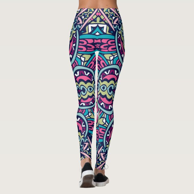 Bohemian Stil Rosa Blue & Grönt Leggings (Baksida)