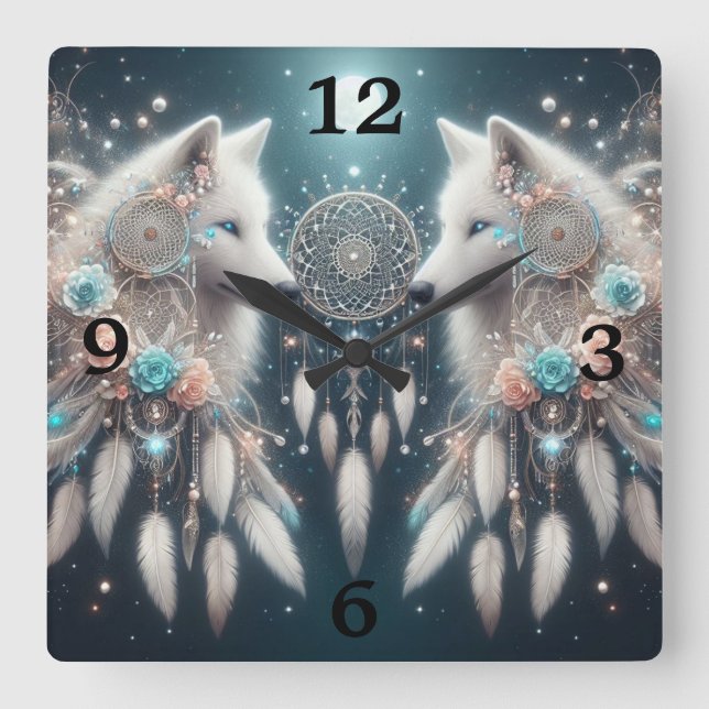 Bohemian Stil Varg och Dreamcatchers Fyrkantig Klocka (Framsida)