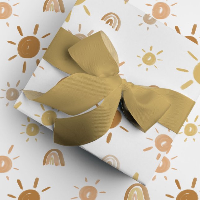 Bohemian Sunshine och Rainbows i Gult Presentpapper (Golden yellow watercolor sunshines and rainbows gift wrapping paper.)