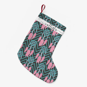 Bohemian Teal Rosa Dreamcatcher Chevron Mönster Liten Julstrumpa