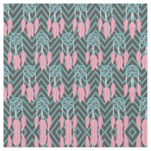Bohemian Teal Rosa Dreamcatcher Chevron Mönster Tyg (Närbild)