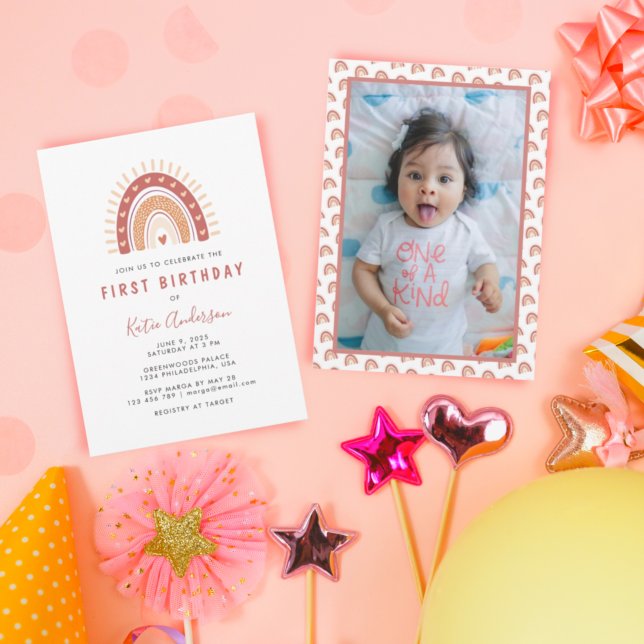 Bohemian Terracotta Rainbow Photo First Birthday Inbjudningar (Skapare uppladdad)