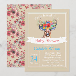 Bohemian Watercolor Blommigt Hjort Girl Baby Showe Inbjudningar