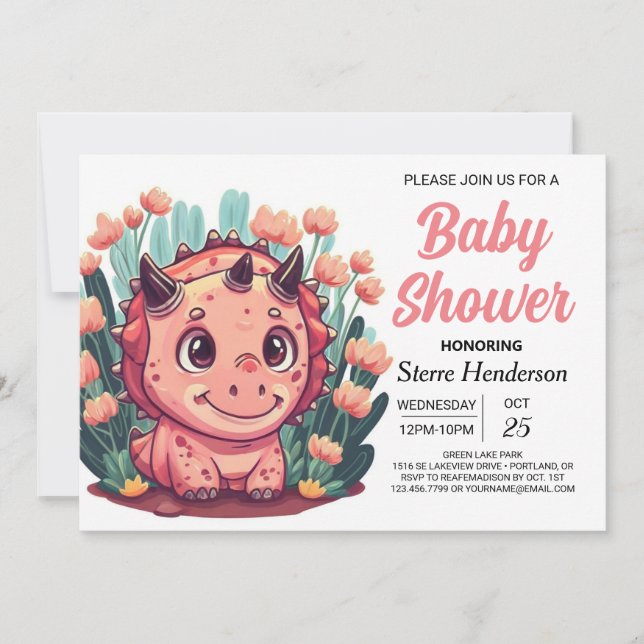 Bohemian Watercolor Dinosaur Girl Baby Shower Inbjudningar (Framsida)