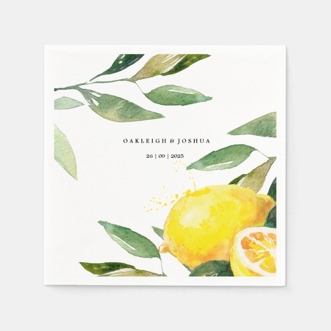 Bohemian Watercolor Lemon Bröllop Napkin Pappersservett (Framsidan)