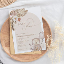 Bohemian Whimsical Script Bear Pampas Baby Shower