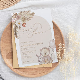 Bohemian Whimsical Script Bear Pampas Baby Shower Inbjudningar