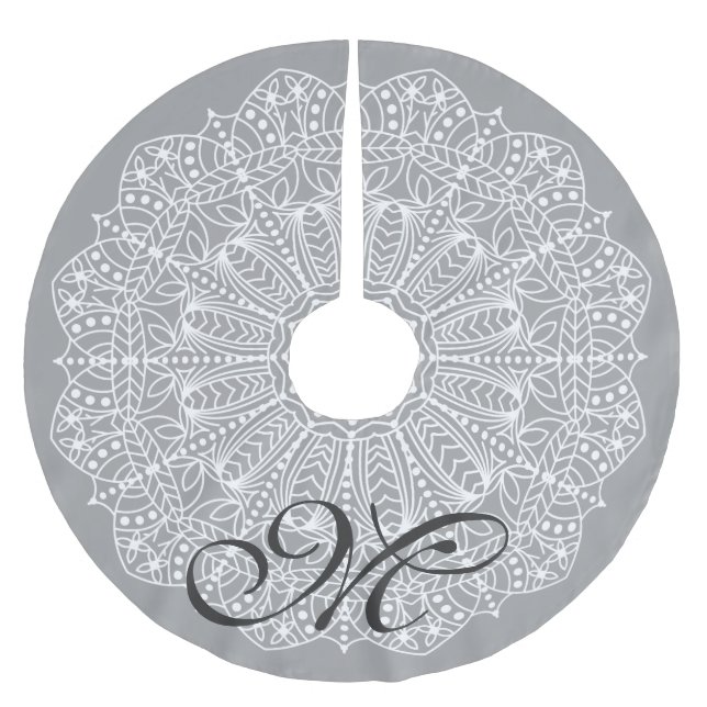Bohemian White Blommigt Mandala & Initial Brev Julgransmatta Borstad Polyester (Framsidan)