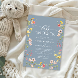 Bohemian WildblomGirl Blue Baby Shower Inbjudningar