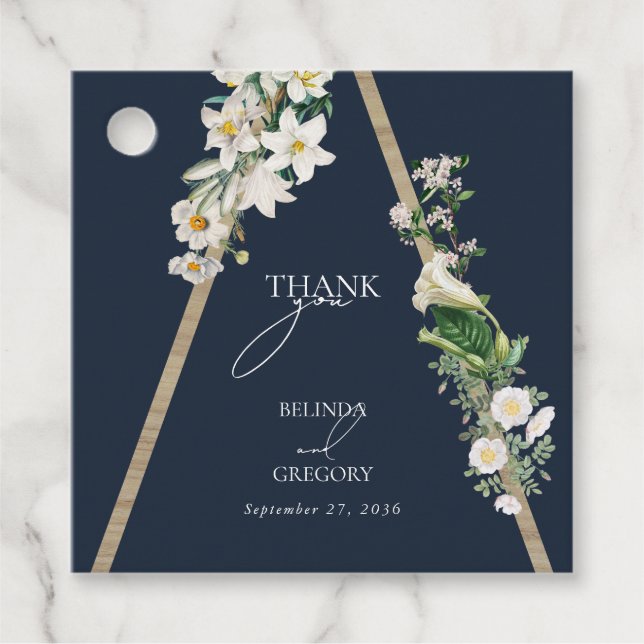 Bohemian Wood Pyramid White Blommigts Blue Bröllop Gåvor Etiketter (Framsida)