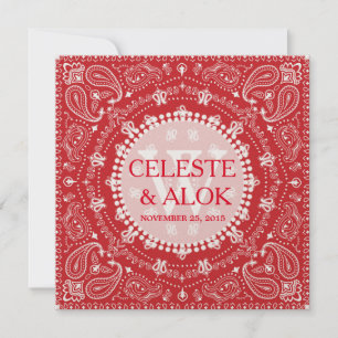 Bohemija Red & White Paisley Indian Bröllop Inbjudningar