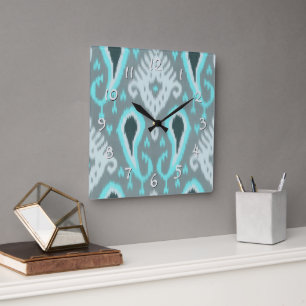 Bohemija Turquise Ikat Tribal Art Mönster Fyrkantig Klocka