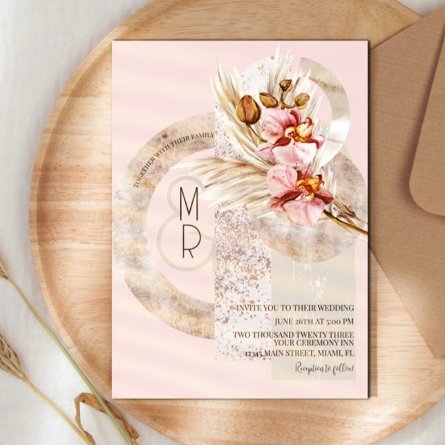 Bohemisk Beige Rosa Monogram Pampas Bröllop  Inbjudningar (Skapare uppladdad)