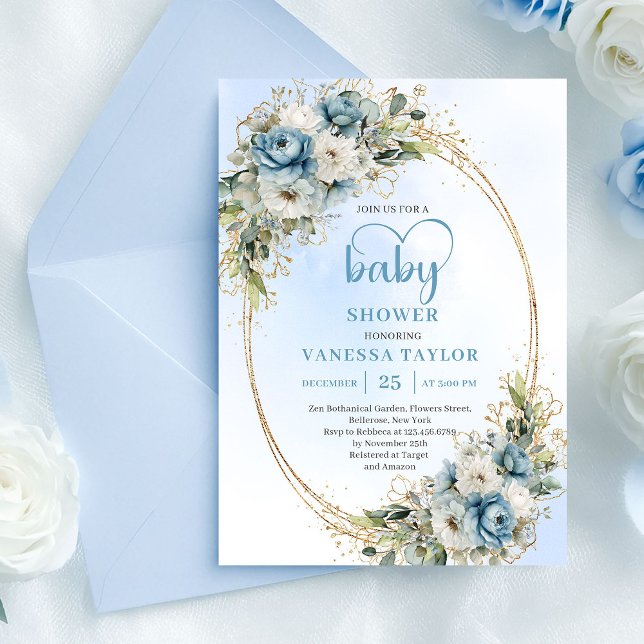 Bohemisk blå blommig eukalyptus guld baby shower  inbjudningar (Bohemian Blue Floral Eucalyptus Gold Baby Shower Card)