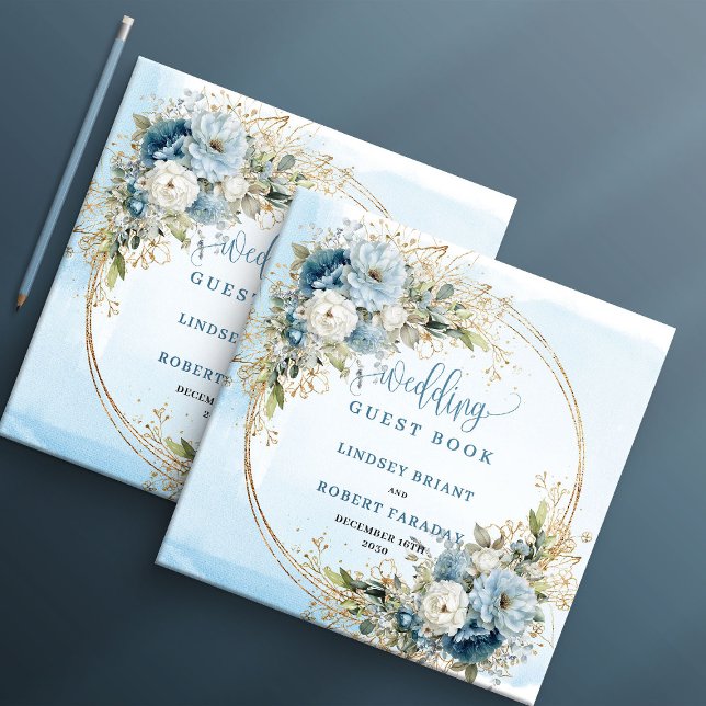 Bohemisk Blå Blommig Guld Bröllop Gästbok (Bohemian Blue Floral Gold Wedding Guest Book)