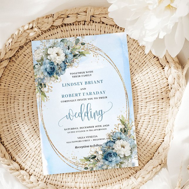 Bohemisk blå blommig guld glitter bröllopsinbjudan inbjudningar (Bohemian Blue Floral Gold Glitter Wedding Invitation)