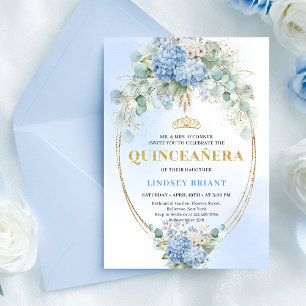 Bohemisk blå blomster eukalyptus Quinceañera-inbju Inbjudningar