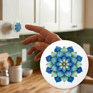 Bohemisk blå och grön mandala keramisk knopp
