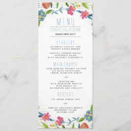Bohemisk blå och rosa Blommigt, vattenfärg Bröllop Meny
