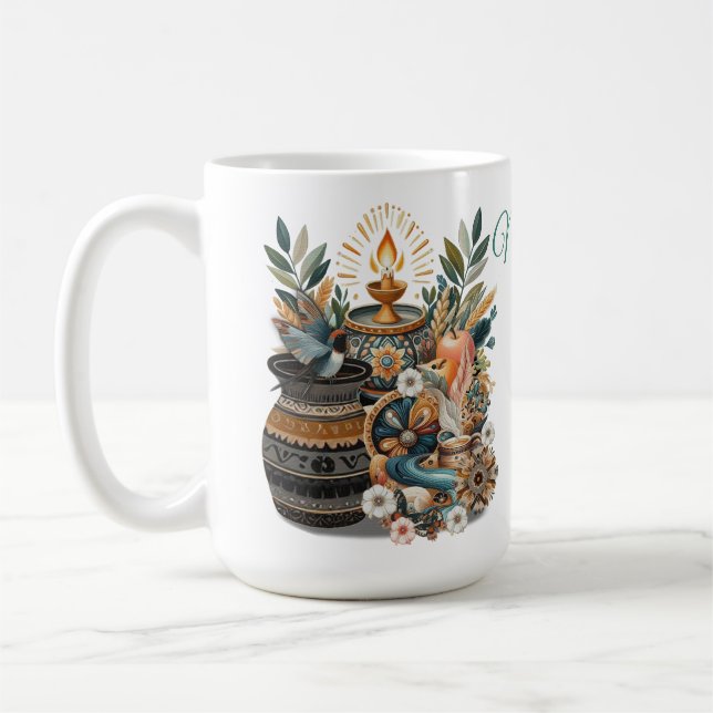 Bohemisk blandning av färg, blommor och dekorteman kaffemugg (Vänster)