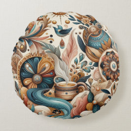 Bohemisk blandning av teal, magenta, lila blommor rund kudde