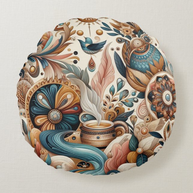 Bohemisk blandning av teal, magenta, lila blommor rund kudde (Framsidan)