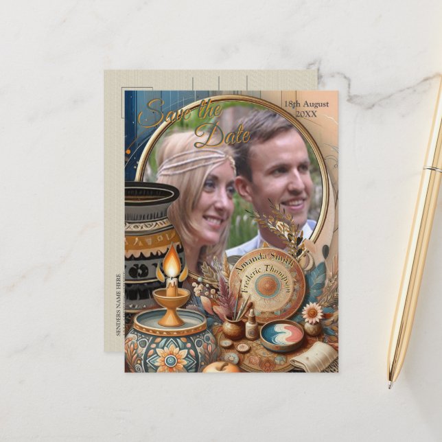 Bohemisk blandning av turkos, magenta, lila på krä meddelande vykort (Fram/Back In Situ)