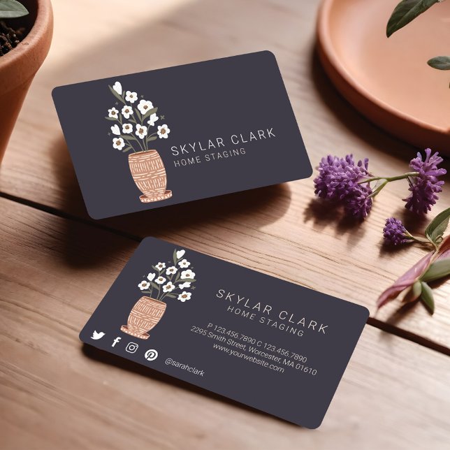 Bohemisk blomkruktad fabrik Hemmagjord kol Visitkort (Bohemian Flower Potted Plant Home Staging Charcoal Business Card)