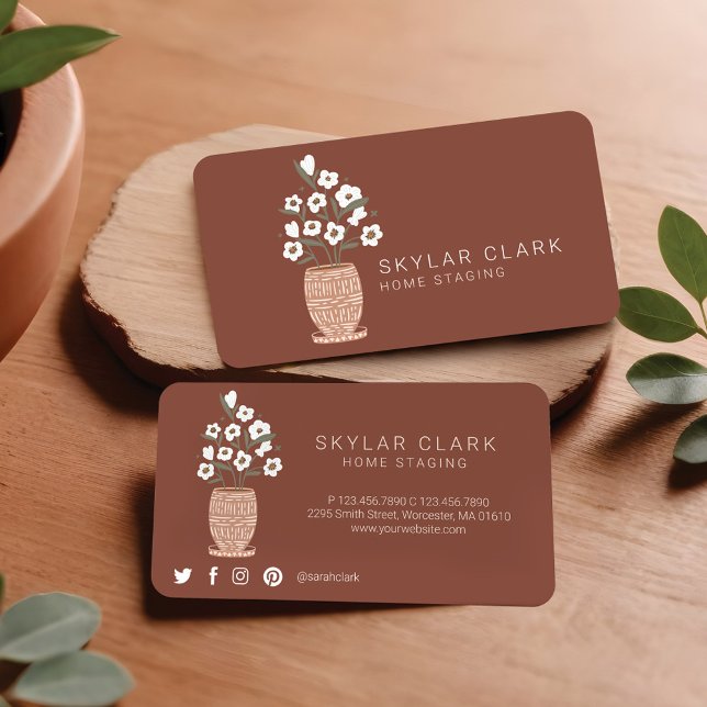 Bohemisk blomkruktad växt Hemföringsbrons Visitkort (Bohemian Flower Potted Plant Home Staging Bronze Business Card)