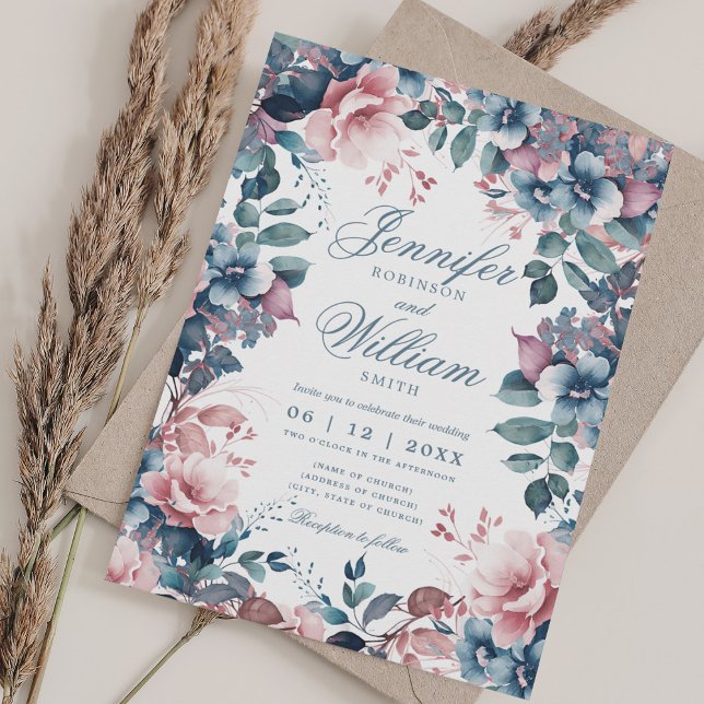 Bohemisk Blommigt Dusty Blue Bröllop w/ QR OSA Inbjudningar (Bohemian Floral Dusty Blue Wedding w/ QR RSVP Invitation)