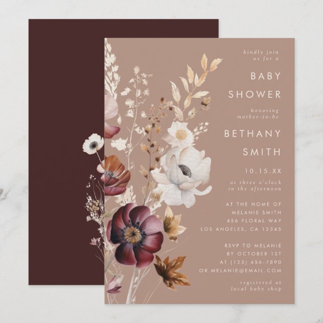 Bohemisk Blommigt: Fall Taupe Baby Shower Inbjudningar (Fram/baksida)