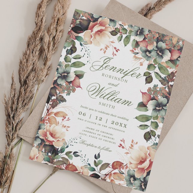 Bohemisk Blommigt faller hösten Elegant bröllop Inbjudningar (Bohemian Floral Fall Autumn Elegant Wedding Invitation)