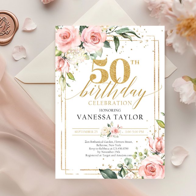 Bohemisk blommigt för  rosa, grön och guld 50:e inbjudningar (boho blush pink flowers roses mixed green eucalyptus on gold frame 50th birthday invitation)